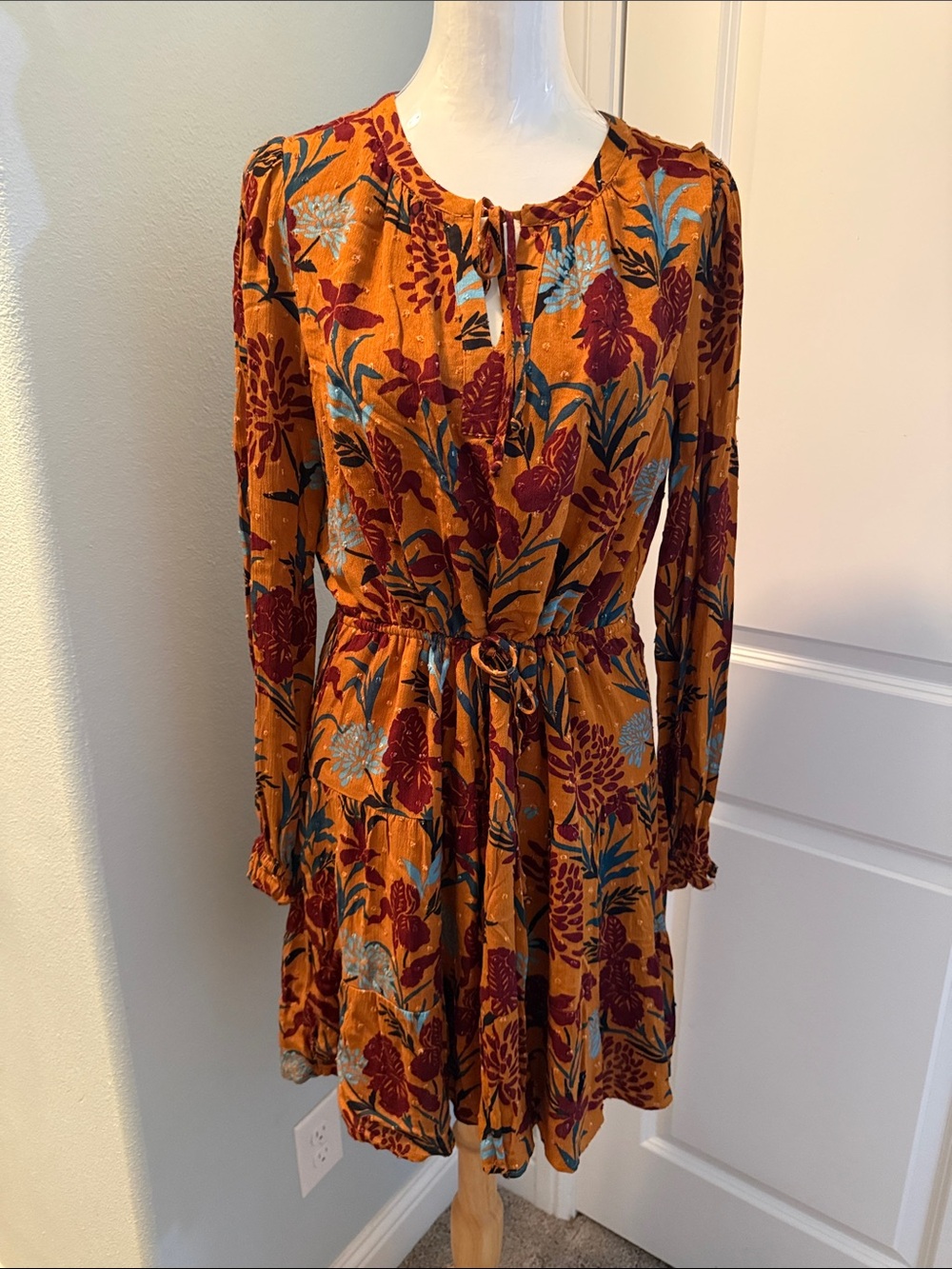 Daniel Rainn Anthropologie Mustard Floral Long-Sleeve Tie-Waist Dress